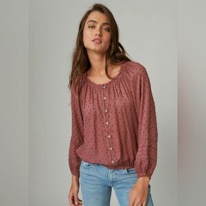 Lucky Brand Long Sleeve Swiss Dot Bubble Hem Peasant Top - Rose Brown - L